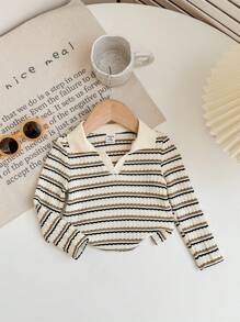 SHEIN LMoss Kids 女婴马球领条纹短款 T 恤，女童秋季休闲日常装 - 杏色 - 查看 1