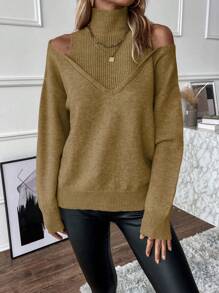 SHEIN Clasi Pullover Solid Color Open Shoulder Sweater, Minimalist Style For Casual Daily Wear Knit Pullover Fall Winter Sweater - Mustard Yellow - View 3