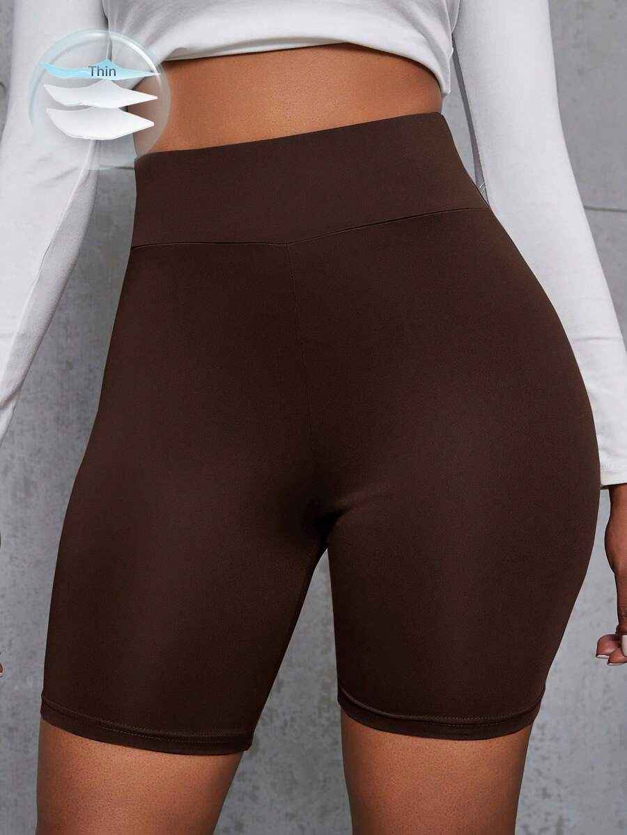 SHEIN Unity Wideband Waist Solid Cycling Shorts - Coffee Brown - View 1