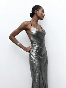 Maija Women's Silver Shiny Textured Fabric Halter Tie Wrap Loose Hem Elegant Fashion Versatile Holiday Party Long Dress, Suitable For All Season Festival - Black - View 4