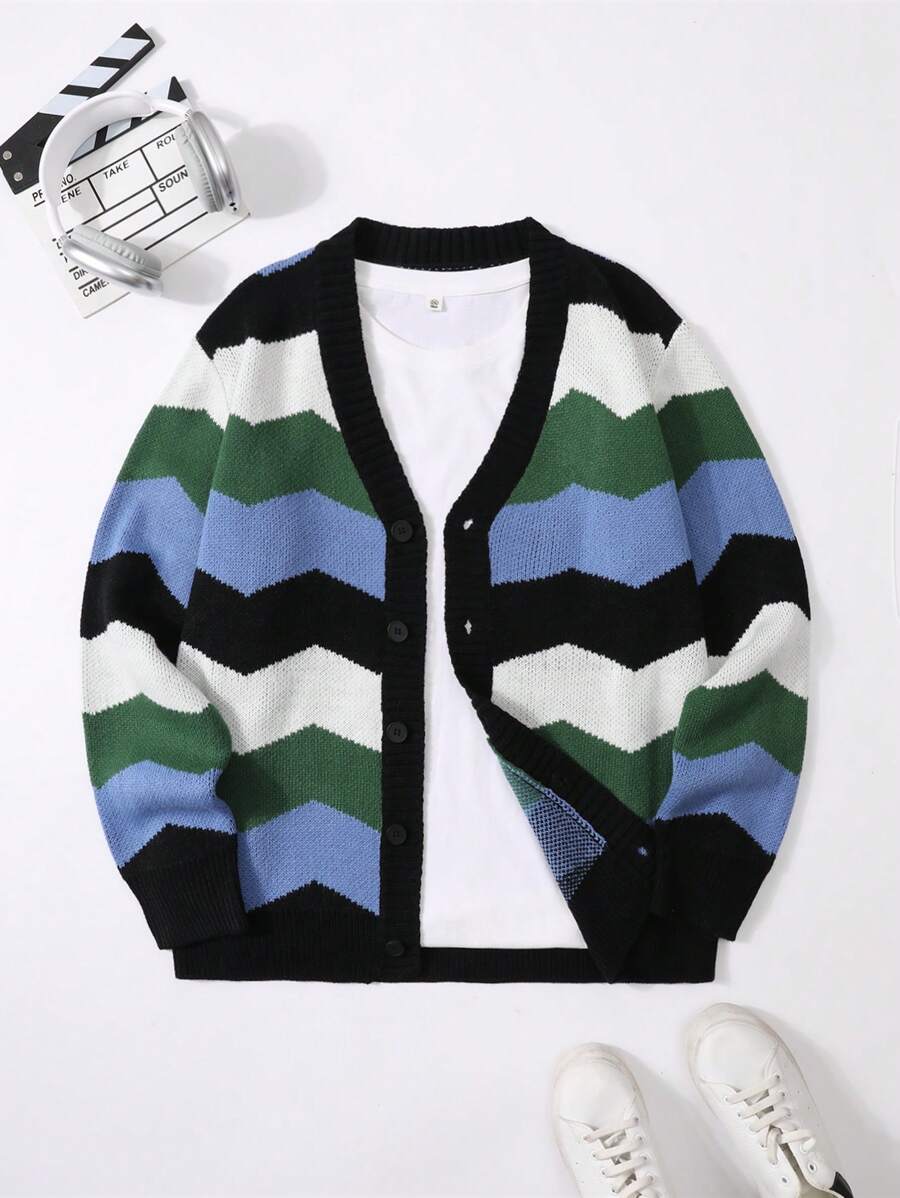 Manfinity Homme Men's Striped Casual Cardigan, Simple & Fashionable For Daily Wear - Multicolor - View 1