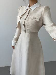 Selianne 女士休闲通勤优雅拼接厚花呢中长长袖连衣裙，秋冬长款女装 - 杏色 - 查看 4