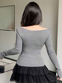 DAZY Damen 2-in-1 Design mit Hohlmuster Figurbetonter Langarm Pullover, Herbstmode für Frauen