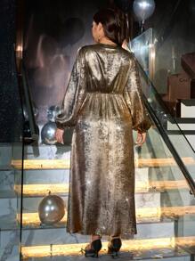 SHEIN Unity Plus Size Women Elegant Minimalist Fashion V-Neck Adjustable Waist Balloon Lantern Sleeve Gold Hem Split Dress For New Year Holiday Party Clothes Maxi Women Outfit - Gold - View 2