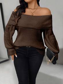 Celure Plus Size Women's Solid Color Off-Shoulder Long Sleeve Casual Sweater - Coffee Brown - View 4