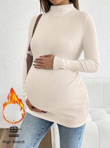 SHEIN Maternity Long Sleeve Solid Color Stand Collar Ribbed Fitted Casual T-Shirt, Autumn