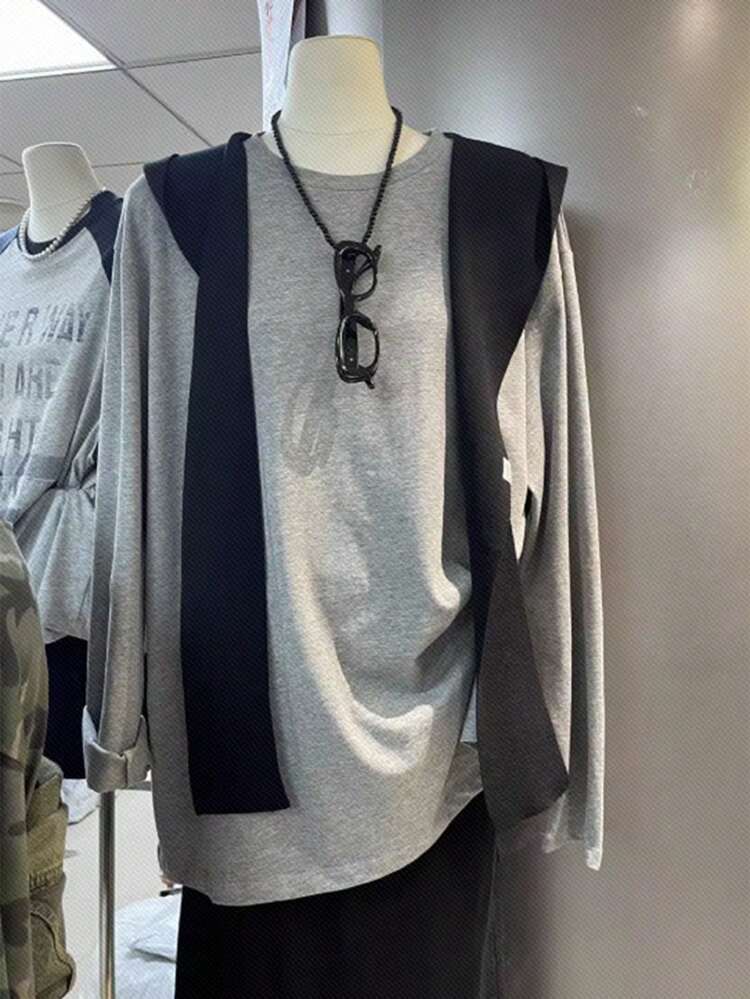 Women's Fall Drop Shoulder Long Sleeve Casual Loose Colorblock T-Shirt