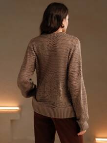 Anewsta Perforated Pattern Knit Casual Oversized Sweater Knit Pullover Fall Winter - Khaki - View 4