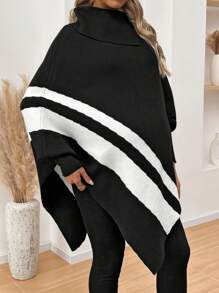 SHEIN Maternity Color Block Striped Turtleneck Batwing Sleeve Loose Knitted Sweater, For Autumn & Winter