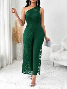 SHEIN Lady One Shoulder Royal Blue Contrast Lace Women's Jumpsuit Spring And Summer Casual Elegant Work - Dark Green - View 1