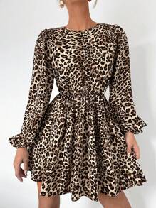 SHEIN Essnce 女士休闲长袖豹纹连衣裙，背面带蝴蝶结装饰，适合秋冬季休闲日常穿着圣诞女装 - 彩色 - 查看 3