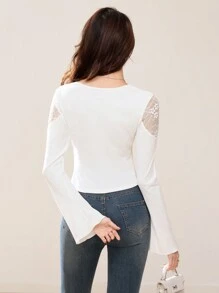 EastFlair Women V-Neck Lace Patchwork Bell Sleeve Top - White - View 2