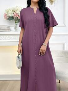 Al Najma Women's Elegant Solid Color Notched Neck Maxi Arabian Dress - Dusty Purple - View 4