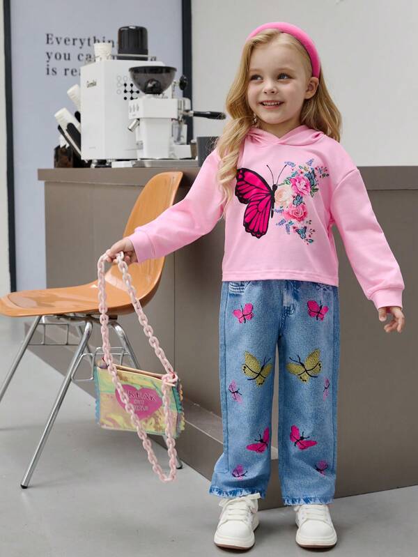 2pcs Young Girl Floral & Butterfly Print Hoodie Top And Pants Set
