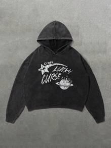 Manfinity EMRG Cotton Men's Casual Pattern Printed Hooded Sweatshirt, Distressed Craftsmanship, Streetwear For Men In Autumn - Black - View 3