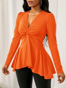 SHEIN Lady T-shirt élégant à manches bouffantes torsadées de couleur unie pour femmes, automne