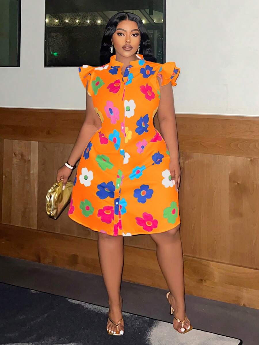 Slaydiva Plus Size Casual & Romantic Women Floral Print Ruffle Trim Flared A-Line Dress For Summer - Orange - View 1