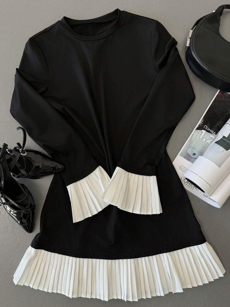 Aloruh Women Round Neck Long Sleeve Solid Color Splice Casual Short Dress,Summer Dresses,Tea Party Dress - Black - View 4