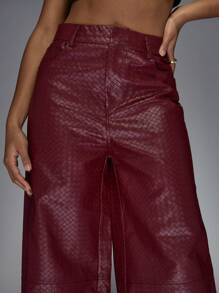 MISSGUIDED Quần ống rộng giả da sang trọng cạp cao Quần dệt kim đan rổ có họa tiết Quần thời trang Palazzo thu đông Trang phục chuyên nghiệp Tiệc tối Giáng sinh - Màu Đỏ Sâu - Xem 3
