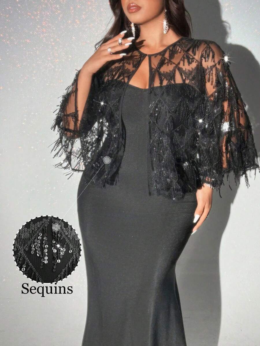 Viva Relle 2pcs Set: Plus Size Mesh Sequin Shawl Cape And Sexy Bodycon Tube Mini Dress - Black - View 1