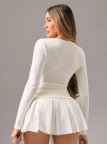 Zolique 女士优雅V领长袖褶皱上衣，休闲日常穿着 - 米色 - 查看 2