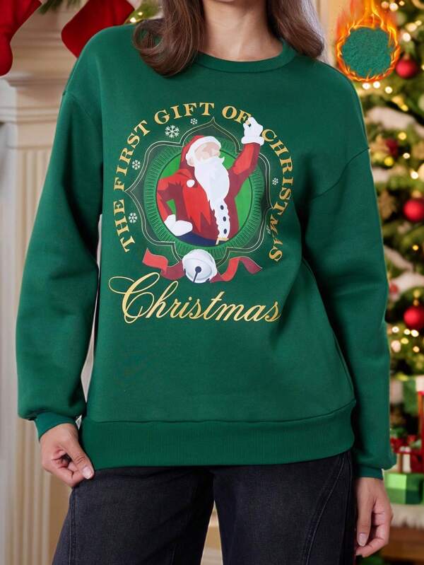 THE POLAR EXPRESS X SHEIN Women Green Santa Claus Graphic Print Fleece Sweatshirts, For Christmas Winter Christmas Sweatshirt Crew Neck Sweatshirt Warm  Cold Weather  Thermal New Year Eve Holiday