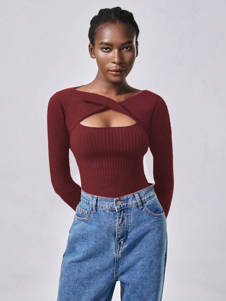 SHEIN Unity Women Casual Solid Color Cutout Cross Wrap Front Slim Fit Ribbed Knit Pullover Sweater Knit Pullover Fall Winter - Burgundy - View 1