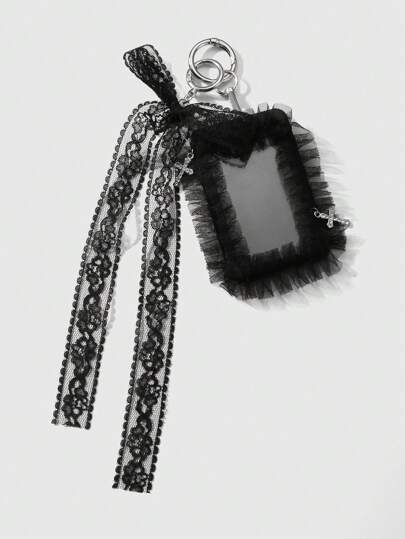 Kawaii 1 pieza Llavero con dije de estilo gótico retro Y2K con encaje, red, lazo, cruz de cristal, adecuado para trabajadores de oficina, estudiantes, uso diario, regalo de festival, Halloween