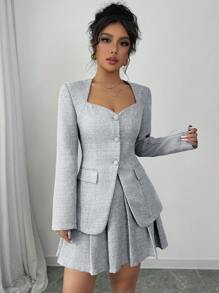 Rafferiza Bộ vest vest nữ cổ chữ V màu hồng ôm sát + chân váy ngắn xếp ly, mùa thu - Đen và trắng - Xem 4