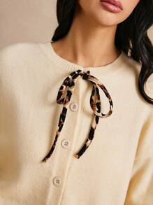 Poéselle Women's Casual Leopard Pattern Tie Solid Color Cardigan, Autumn