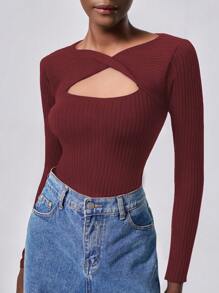 SHEIN Unity Women Casual Solid Color Cutout Cross Wrap Front Slim Fit Ribbed Knit Pullover Sweater Knit Pullover Fall Winter - Burgundy - View 4