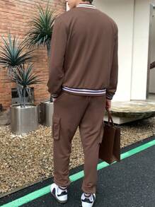 Manfinity Dauomo 男士棒球领条纹印花长袖运动衫和抽绳运动裤套装 - 咖啡棕 - 查看 2