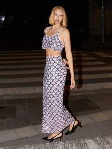 SHEIN EZwear 2 pezzi/Set Top e gonna con paillettes da donna, outfit estivo di moda