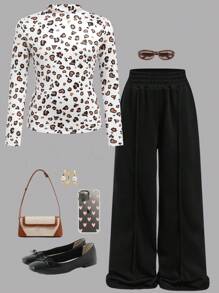 Tween Girl Leopard Print Knit Top & Solid Color Loose Straight Leg Casual Pants, Christmas Outfit - Black - View 9