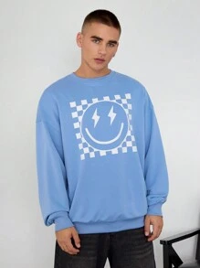 Manfinity Unisex 1pc Oversized, Loose, Drop Shoulder Crew Neck Pullover Sweatshirt, Suitable For Everyday Wear, Light Blue Going Out Crew Neck Graphic Long Sleeve Sweatshirt, For Friends, Husband, Boyfriend Gifts