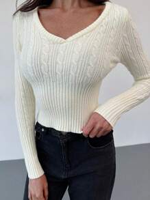 Aloruh 秋冬款 V 领套头针织毛衣，修身显瘦 - 卡其色 - 查看 3