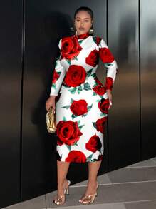 Hourglow Plus Size Casual Minimalist Long Sleeve Big Rose Graphic Round Neck Fitted Dress Fall Chic Dress, For Hourglass Body Shape - Multicolor - View 6