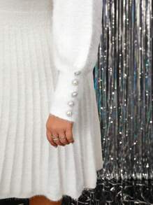 SHEIN Clasi 大码纯色长袖修身休闲毛衣裙，简约时尚，适合日常穿着 - 白色 - 查看 4