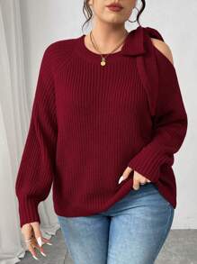 Calvaya Plus Size Solid Color Off Shoulder Bowknot Sweater, Valentine's Day & New Year
