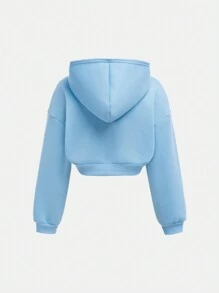 SHEIN Girlism Tween Girls Casual Knit Hooded Short Sweatshirt & Loose Pants Set - Baby Blue - View 9