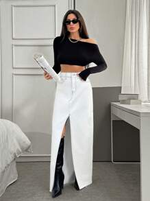 EURMUSE HIGH RISE CUT POP ART MODERN SKIRT WITH SLIT - White - View 1
