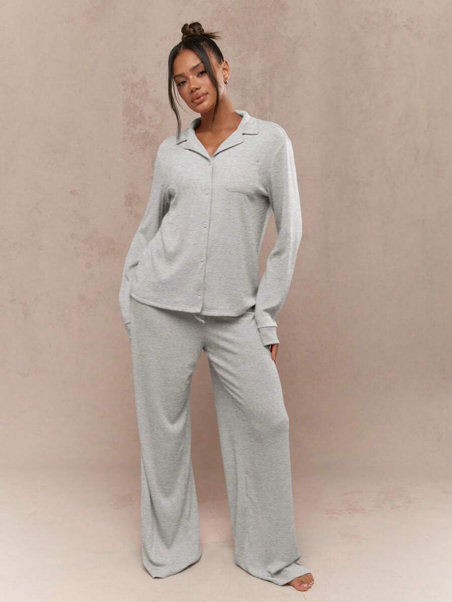 MISSGUIDED 女士针织家居服纽扣长袖睡衣套装阔腿裤舒适睡衣冬秋季休闲装