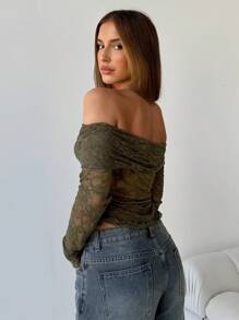 Aloruh Elegant Off Shoulder Lace Semi-Sheer Women T-Shirt - Army Green - View 2