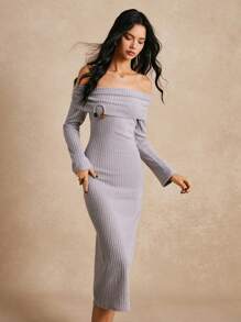 Poéselle 女式纯色露肩长袖休闲中长连衣裙 - 灰色 - 查看 5