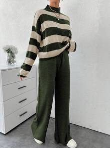 EURMUSE Women Stripe Pattern Mock Neck Pullover & Sweater Pants Set - Multicolor - View 6