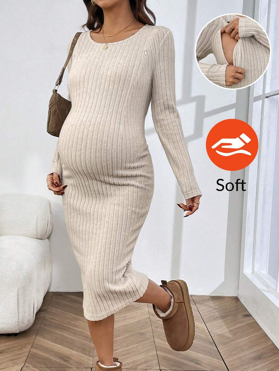 SHEIN Maternity Casual Nursing Daily Dress With Round Neck, Long Sleeve And Waist Twist Knot, Autumn