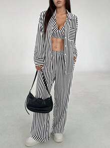 Flirla 3pcs Set Women Casual, Daily, Commute, Shopping Striped Wide Leg Pants, Everyday, Casual, Daily, Commute, Shopping
