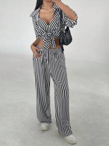 Flirla 3pcs Set Women Casual, Daily, Commute, Shopping Striped Wide Leg Pants, Everyday, Casual, Daily, Commute, Shopping