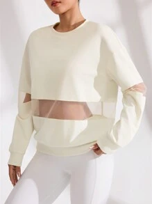 SHEIN Sports Casual Minimal Sheer Mesh Splice Sporty Sweatshirt - Beige - View 6