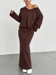 SHEIN MOOSTA Autumn/Winter Elegant Coffee Brown V-Neck Slimming Sweater And Knitted Skirt 2 Pieces Set Fall Cloth For Women - Coffee Brown - View 6